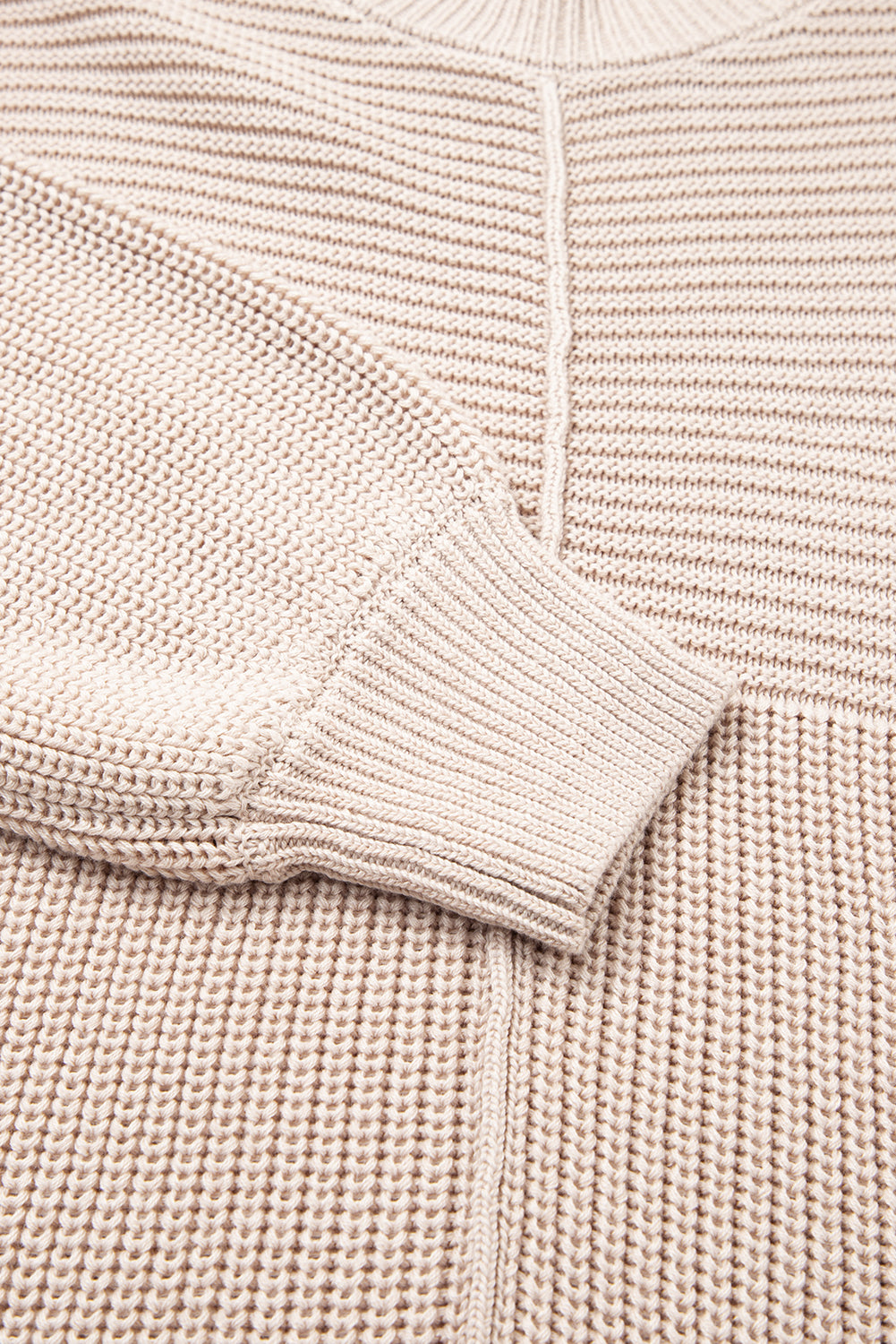 Parchment Mixed Texture Patchwork Knitted Lantern Sleeve Sweater