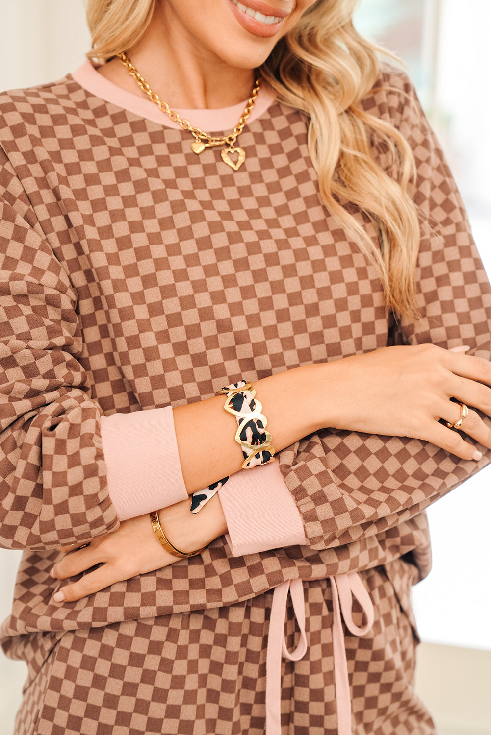 Gold Hollow Out Heart Leopard Print Ribbon Bracelet