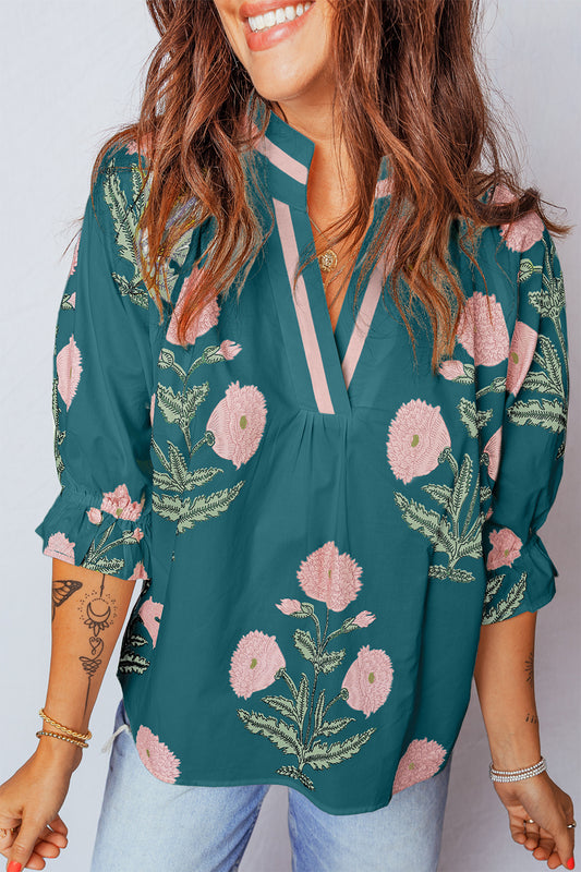 Casual Wild Flower Print V Neck 3/4 Sleeve Blouse - 3 COLOR OPTIONS