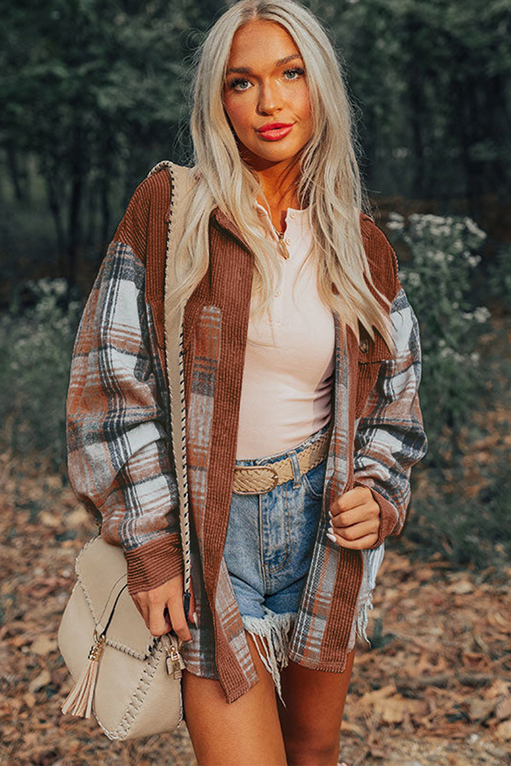Plaid Corduroy Patchwork Pocket Loose Shacket -2 COLOR OPTIONS