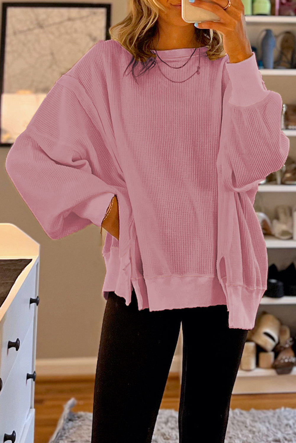 Waffle Bishop Sleeve Split Oversized Sweatshirt -3 Colors