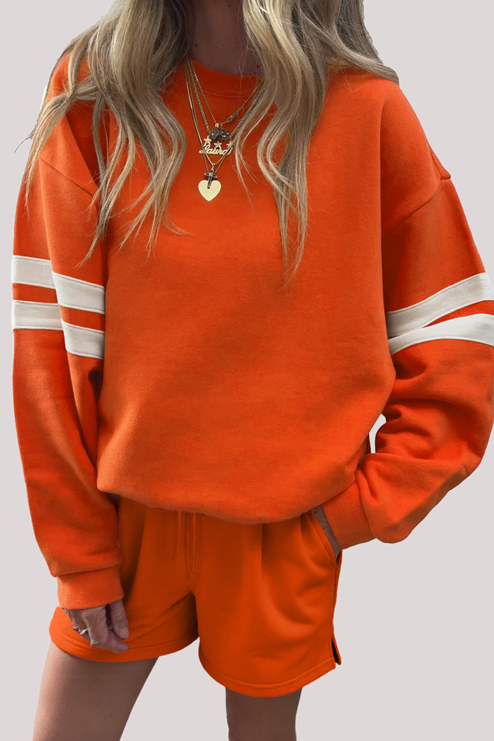 Varsity Striped Sleeve Drop Shoulder Sweatshirt and Shorts Set -3 COLOR OPTIONS