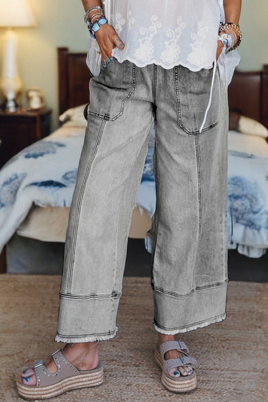 Drawstring Seam Detail Raw Hem Wide Leg Jeans -2 COLOR OPTIONS