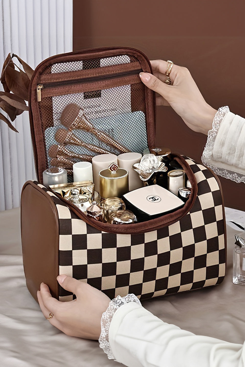 Brown Checker Print Leather Zipper Makeup Bag