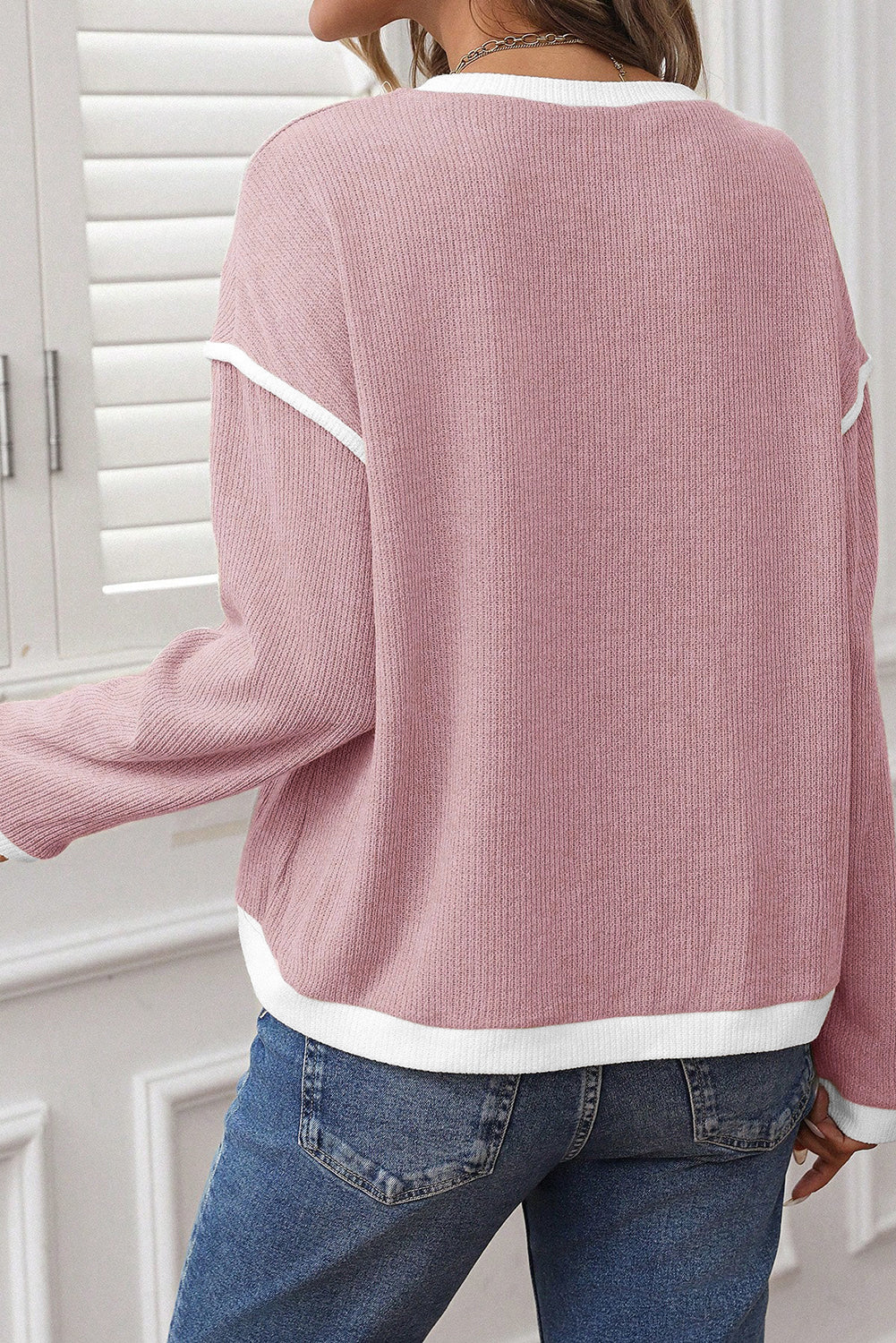 Contrast Color Trim Knit Drop Shoulder Loose Top -2 COLOR OPTIONS