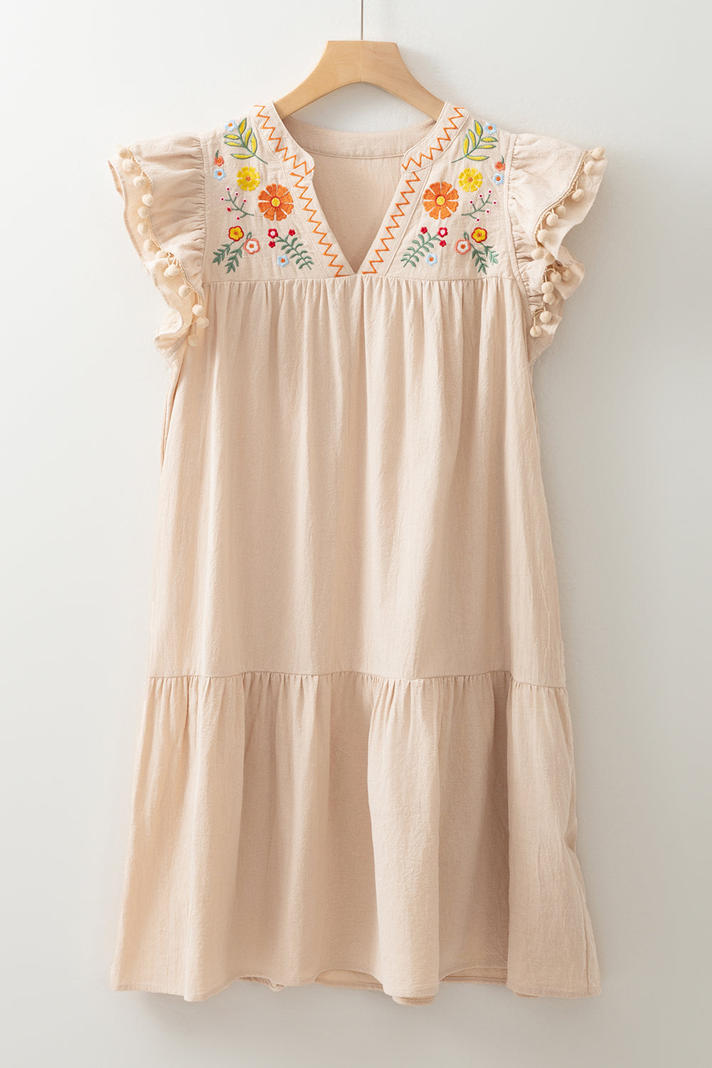 Jet Stream Linen Embroidery Split Neck Pom Pom Ruffle Sleeve Short Dress