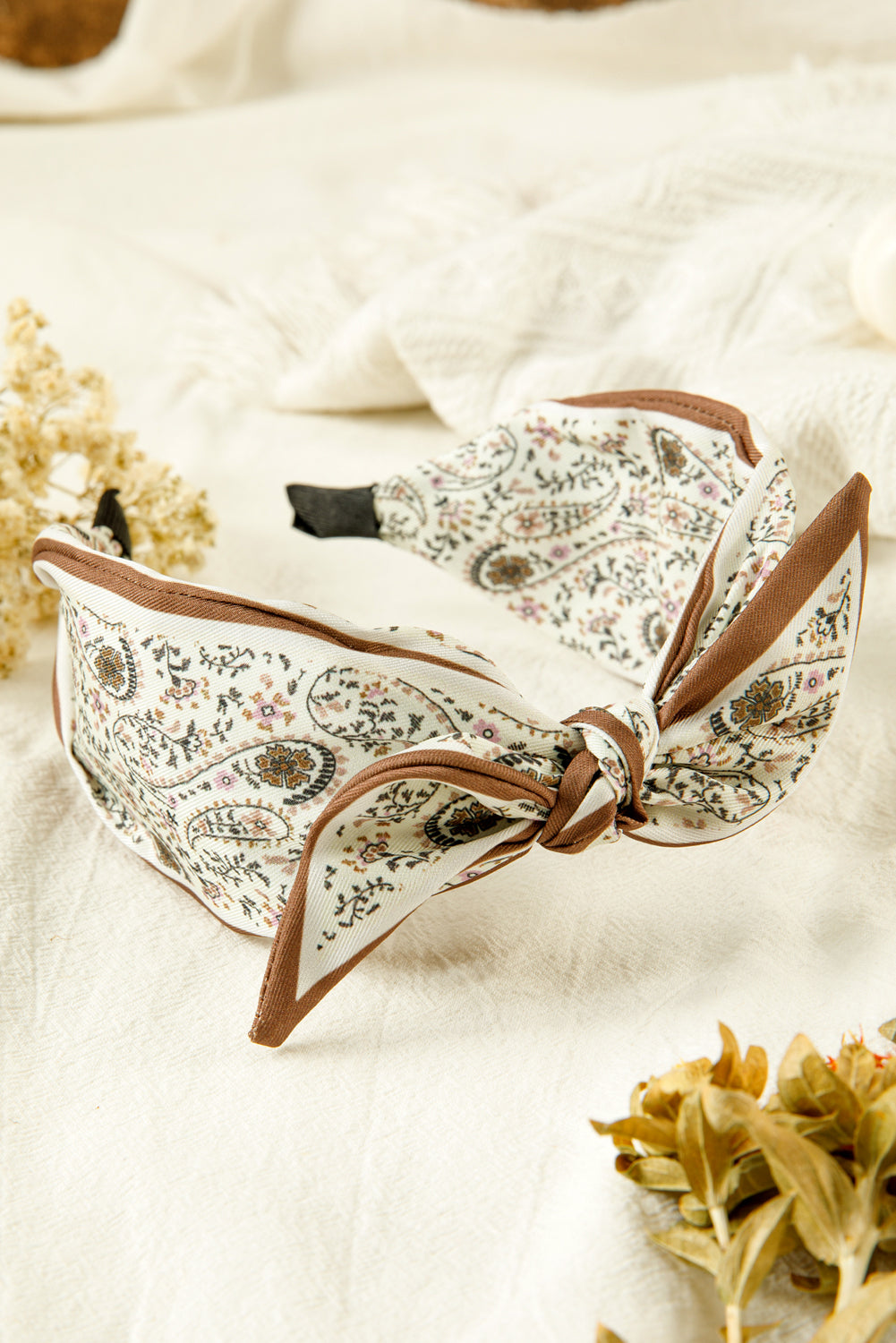 White Boho Floral Bow Headband