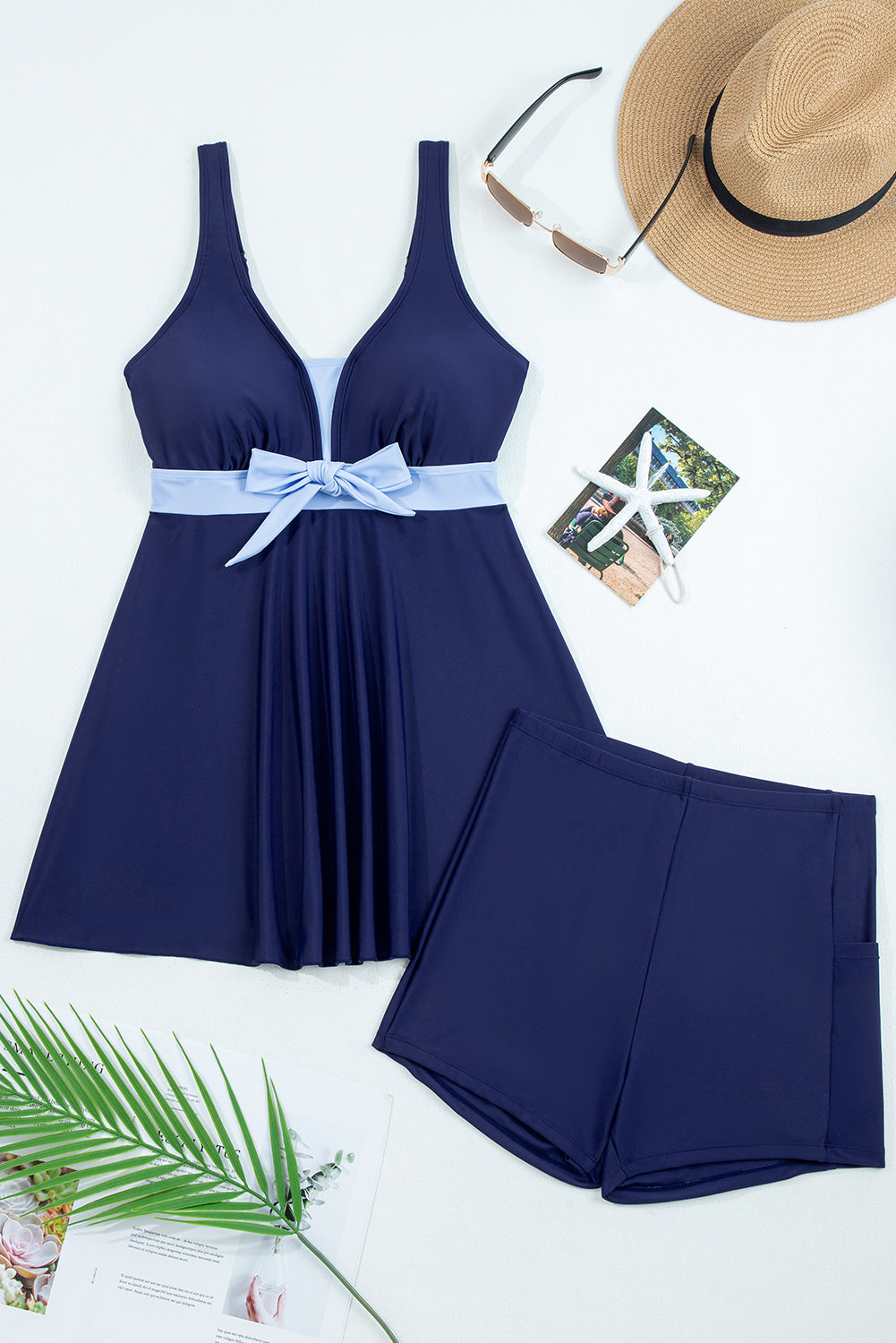 Color Block Patchwork Bow Knot Detail Sleeveless Swim Dress 2pc -3 COLOR OPTIONS