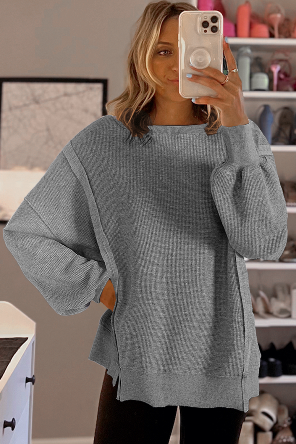 Waffle Bishop Sleeve Split Oversized Sweatshirt -3 Colors