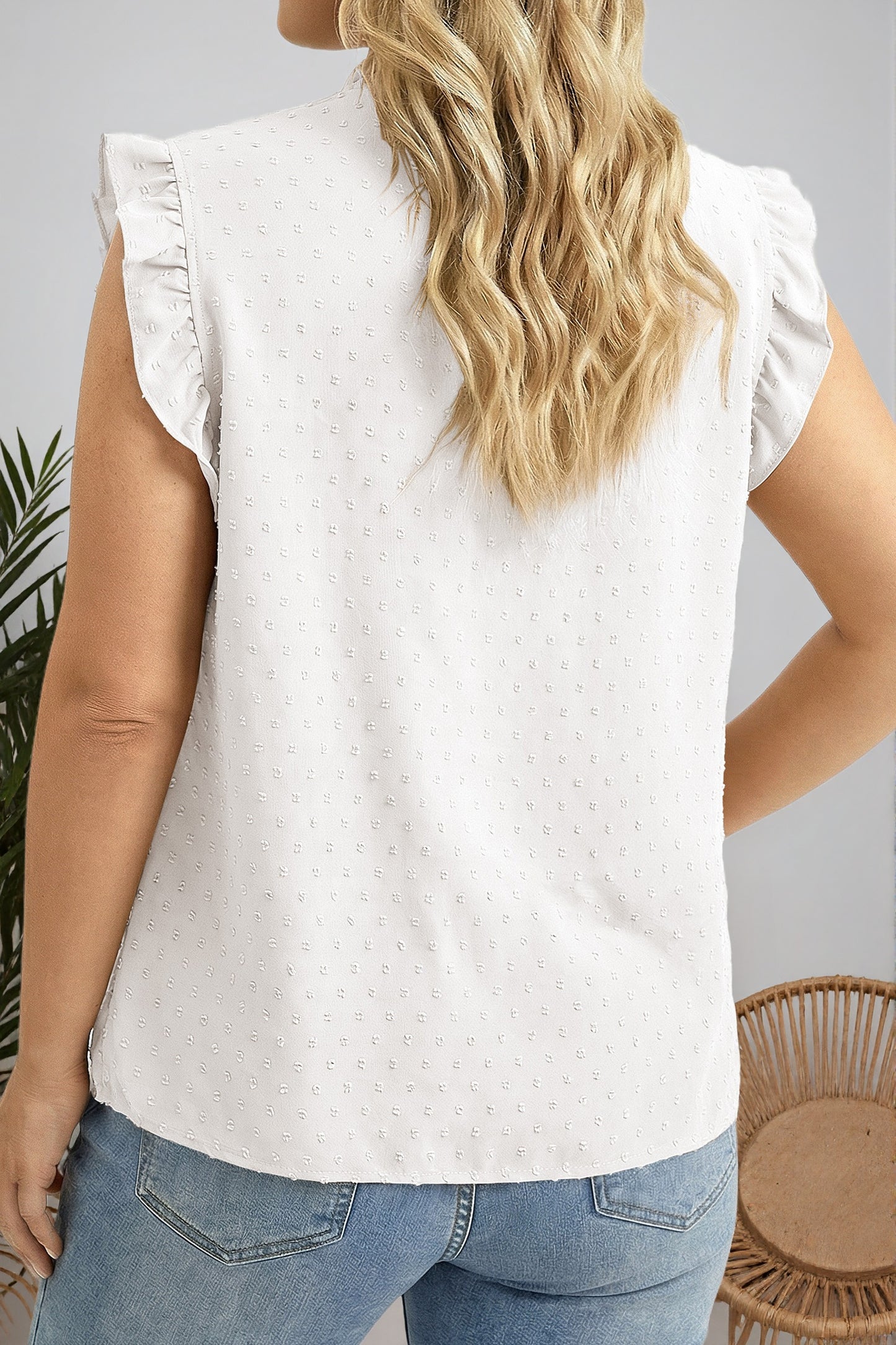 PLUS SIZE -Swiss Dot Ruffle Lace Trim V Neck Tank Top -2 COLOR OPTIONS