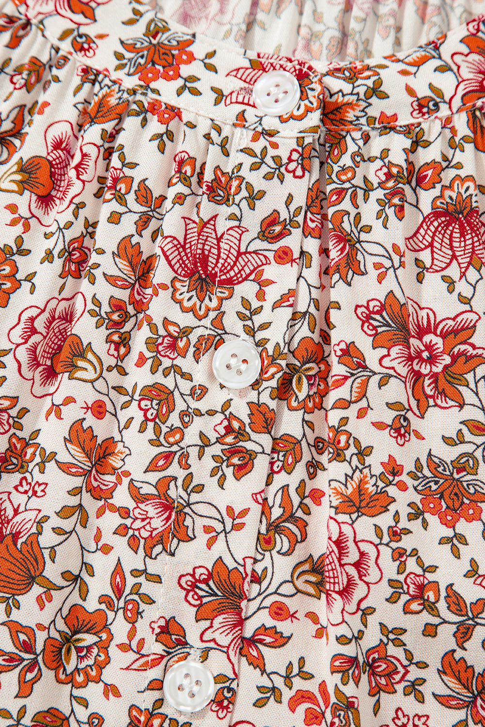 Red Floral Print Pleated Detail Notched Neck Puff Sleeve Blouse