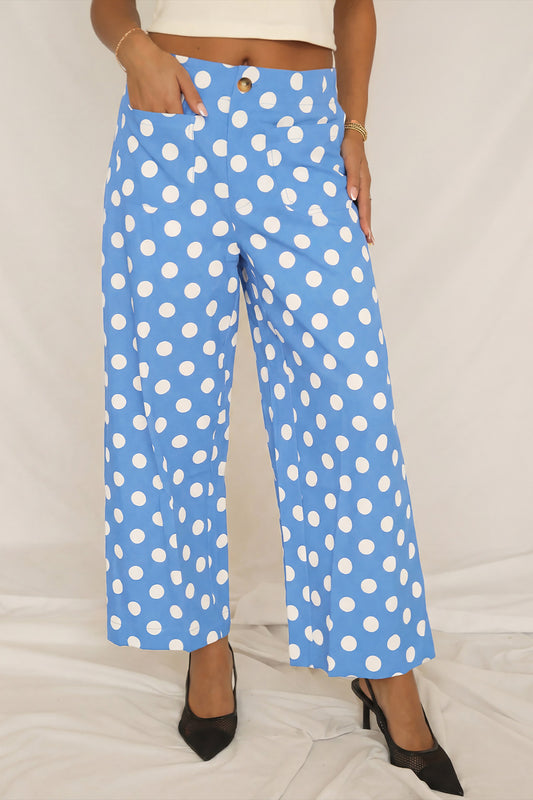 Polka Dot Print Patched Pocket Mid-rise Straight Leg Pants- 4 COLOR OPTIONS