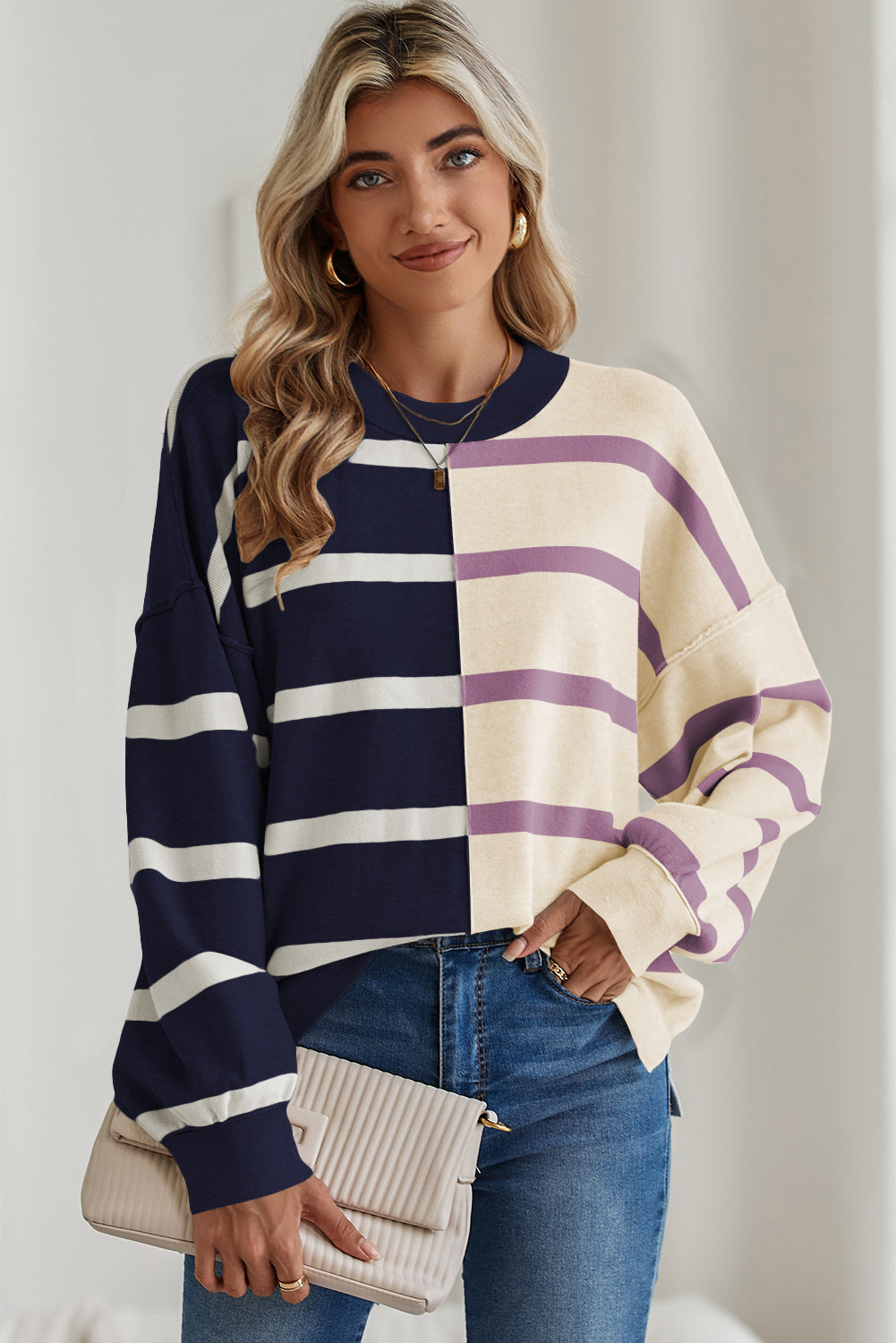 Striped Colorblock Drop Shoulder Sweater -4 COLOR OPTIONS