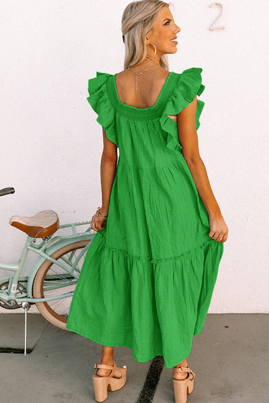 Green Ruffled Flutter Sleeve Square Neck Textured Tiered Maxi Dress