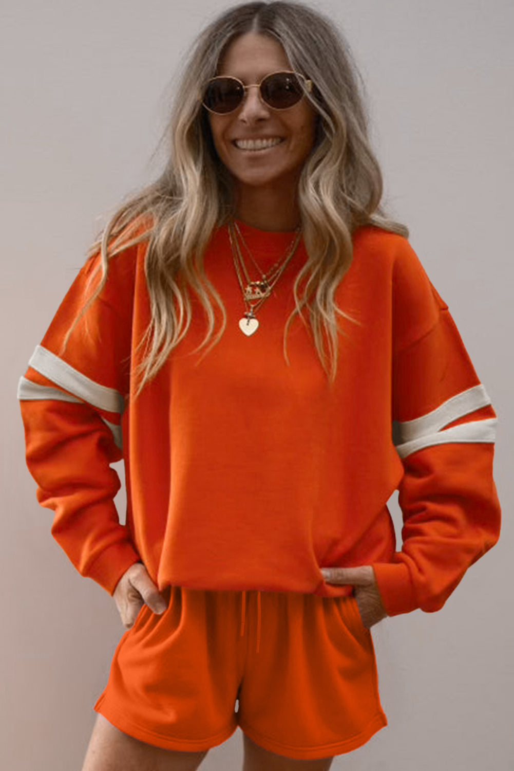 Varsity Striped Sleeve Drop Shoulder Sweatshirt and Shorts Set -3 COLOR OPTIONS