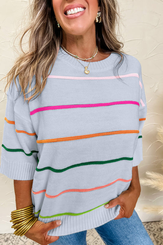 Striped Half Sleeve Drop Shoulder Sweater -3 COLOR OPTIONS