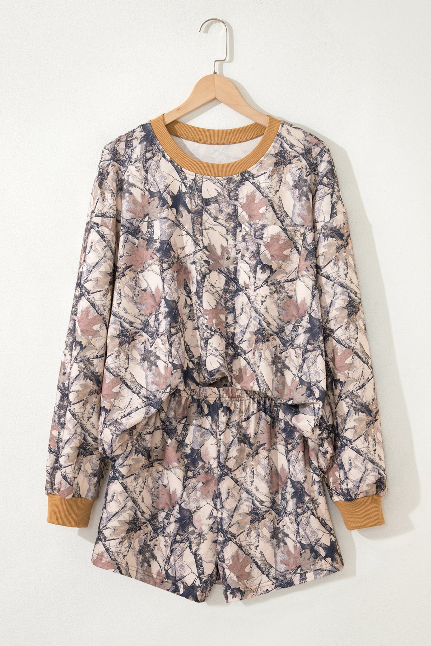 Khaki Camo Print Contrast Trim Long Sleeve Pullover Shorts Set
