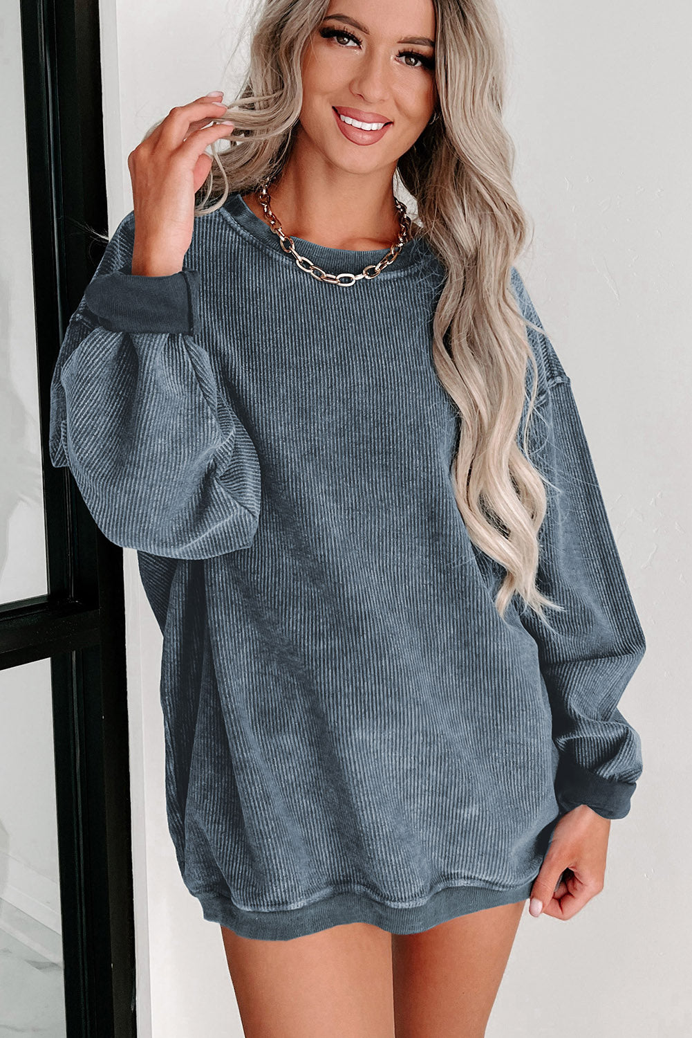 Solid Ribbed Round Neck Pullover Sweatshirt -Variety of Colors