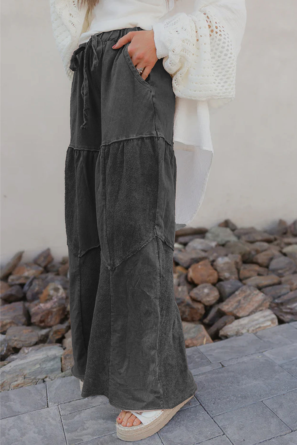 Mineral Wash Tiered Wide Leg Patchwork Drawstring Pants -3 COLOR OPTIONS