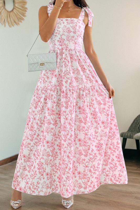 Floral Print Knot Straps High Waist Flared Maxi Dress- 2 COLOR OPTIONS