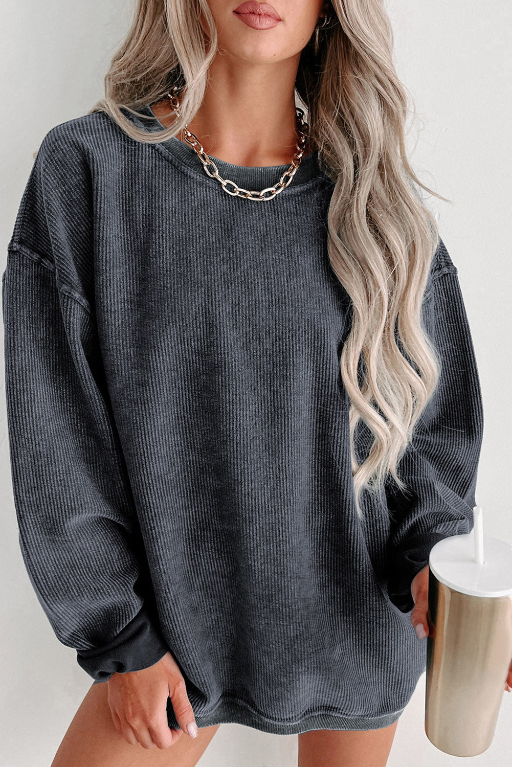 Solid Ribbed Round Neck Pullover Sweatshirt -Variety of Colors
