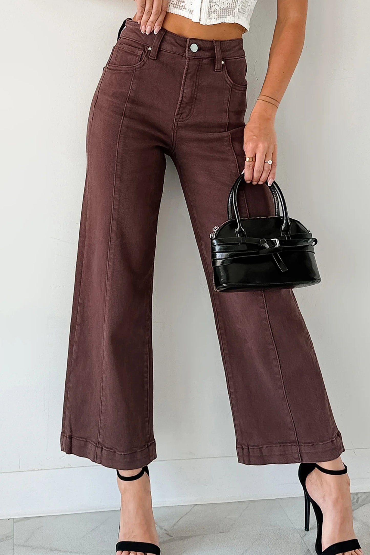 Solid Color Seamed Center Wide Leg Cropped Jeans -2 COLOR OPTIONS