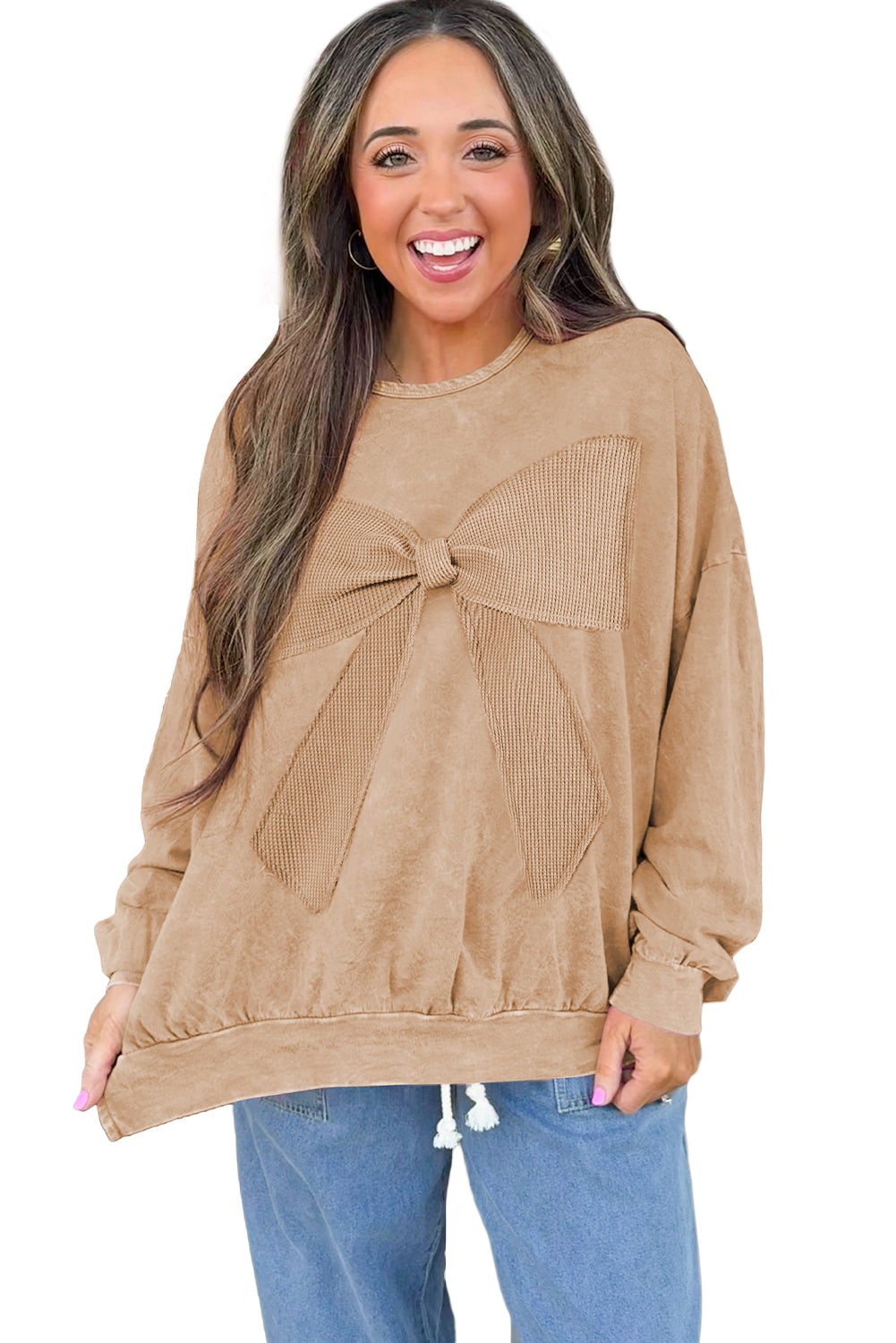 Mineral Wash Waffle Bow Patched Pullover Sweatshirt -2 COLOR OPTIONS