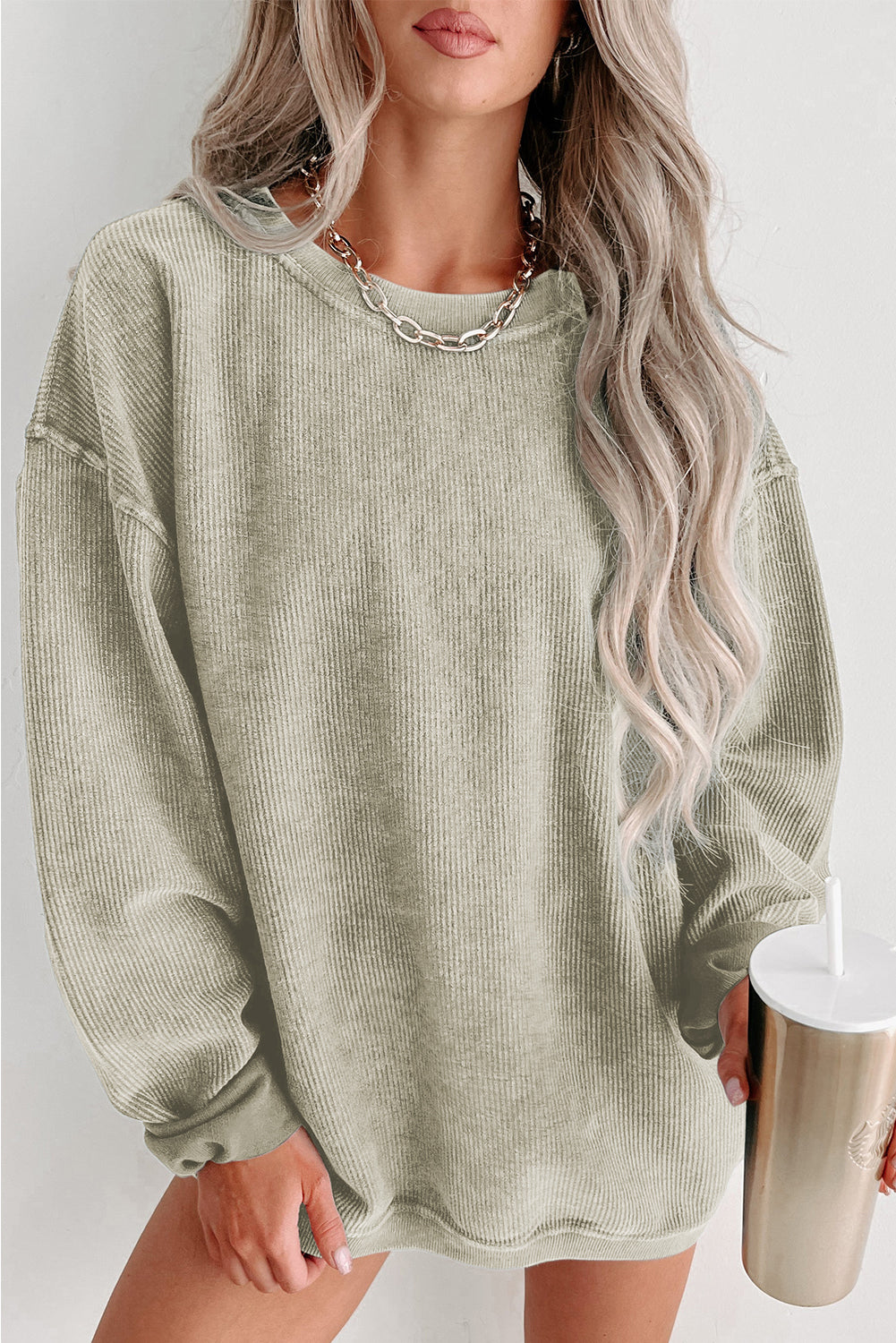 Solid Ribbed Round Neck Pullover Sweatshirt -Variety of Colors