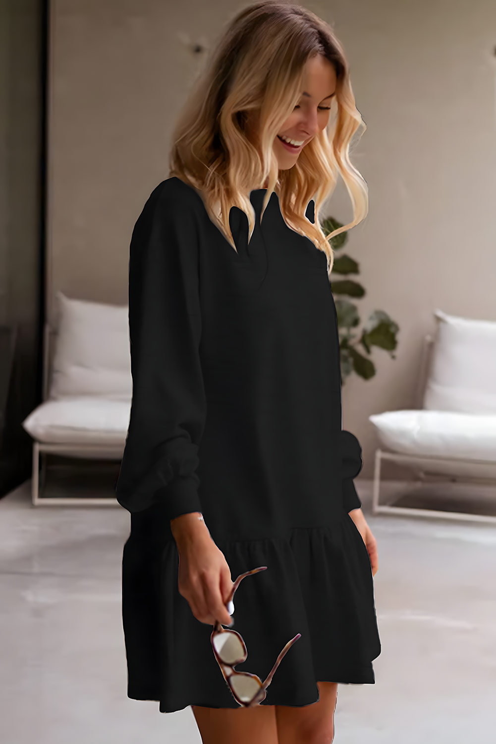 Solid Color Ruffle Hem Mini Sweatshirt Dress -2 COLOR OPTIONS