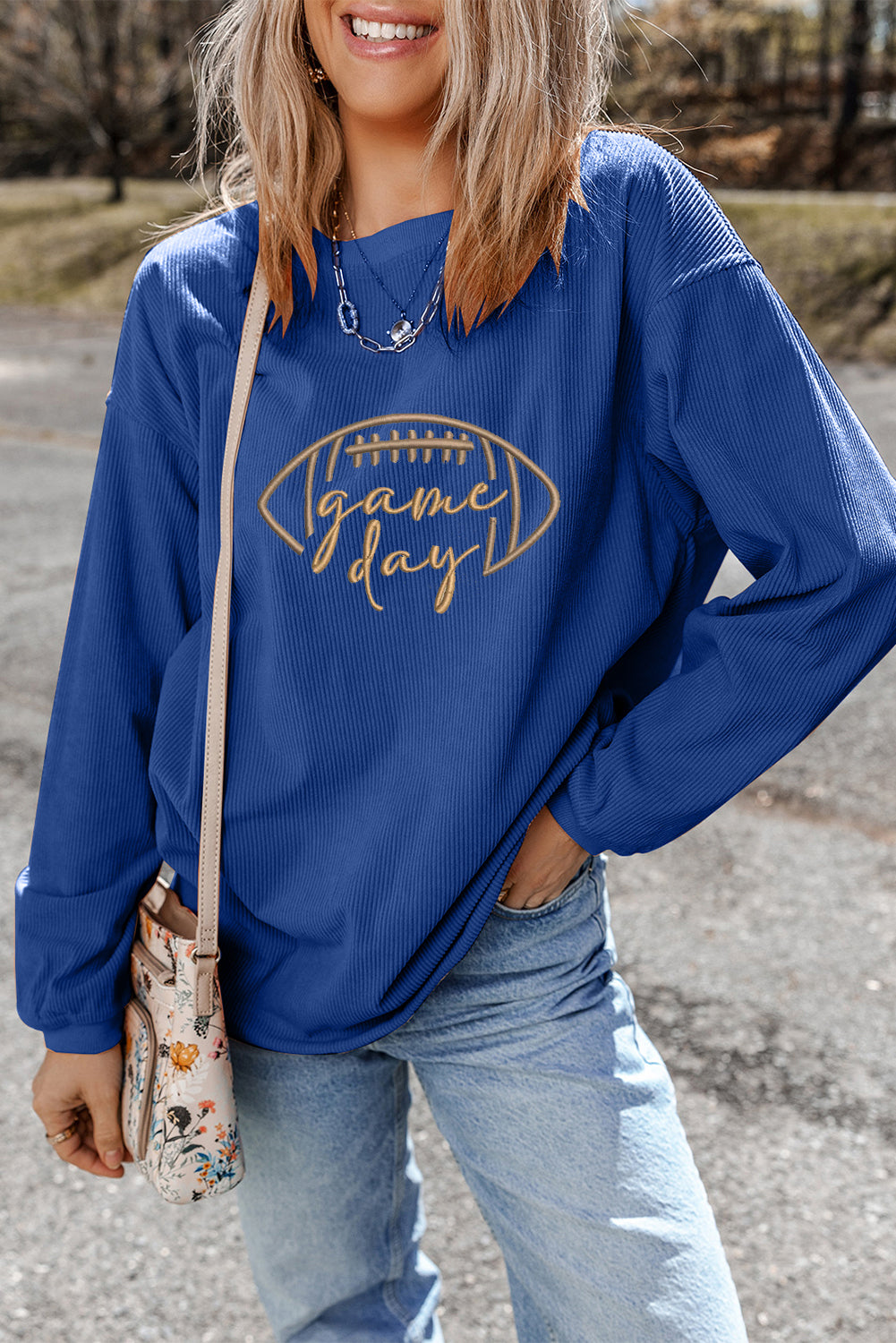 Football Graphic Drop Shoulder Game Day Corded Sweatshirt -5 COLOR OPTIONS