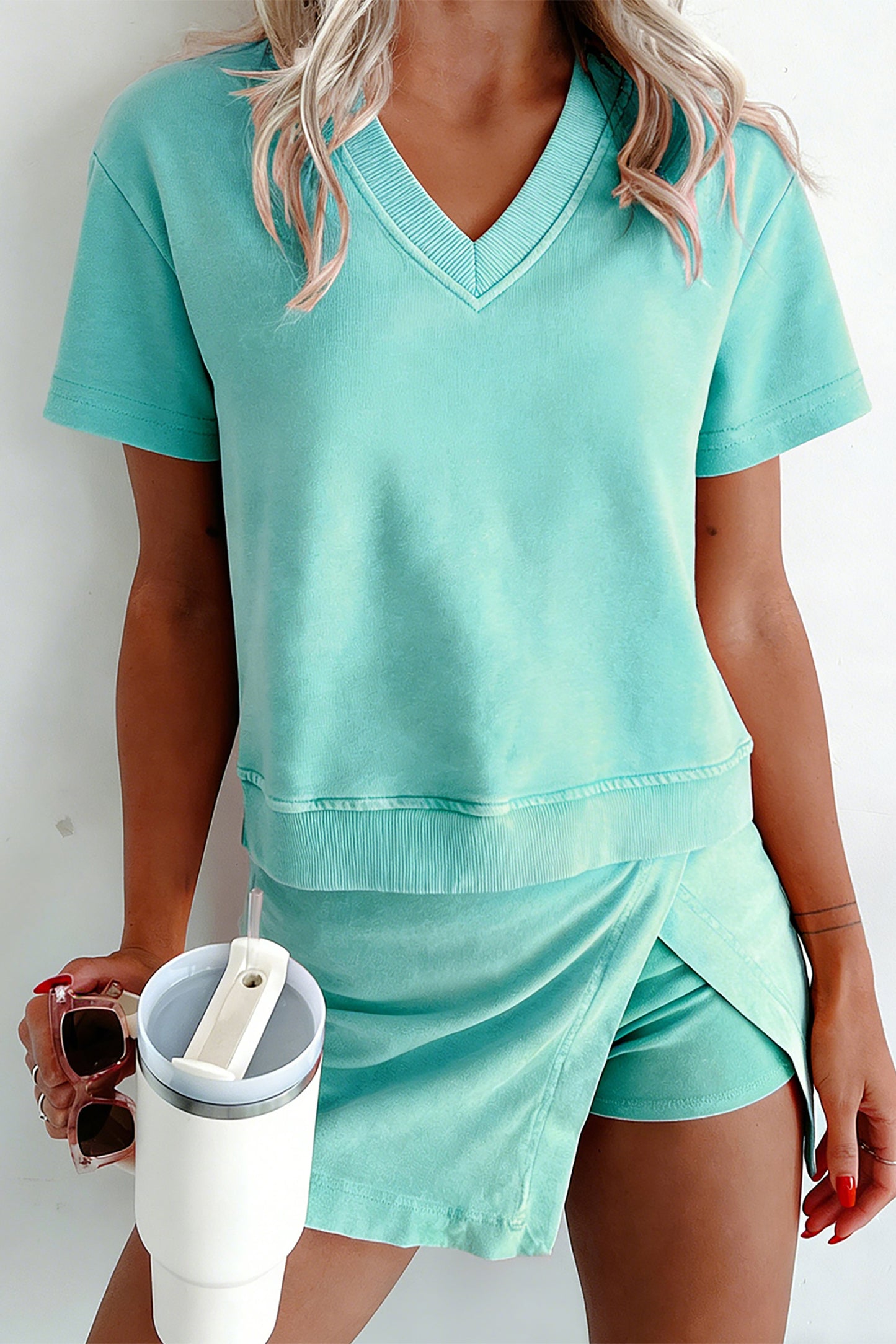Mineral Wash V Neck Tee Matching Skort Set -2 COLOR OPTIONS
