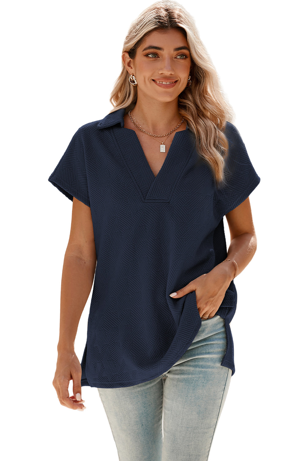 Navy Blue Textured V Neck Collared Slit Hem T Shirt