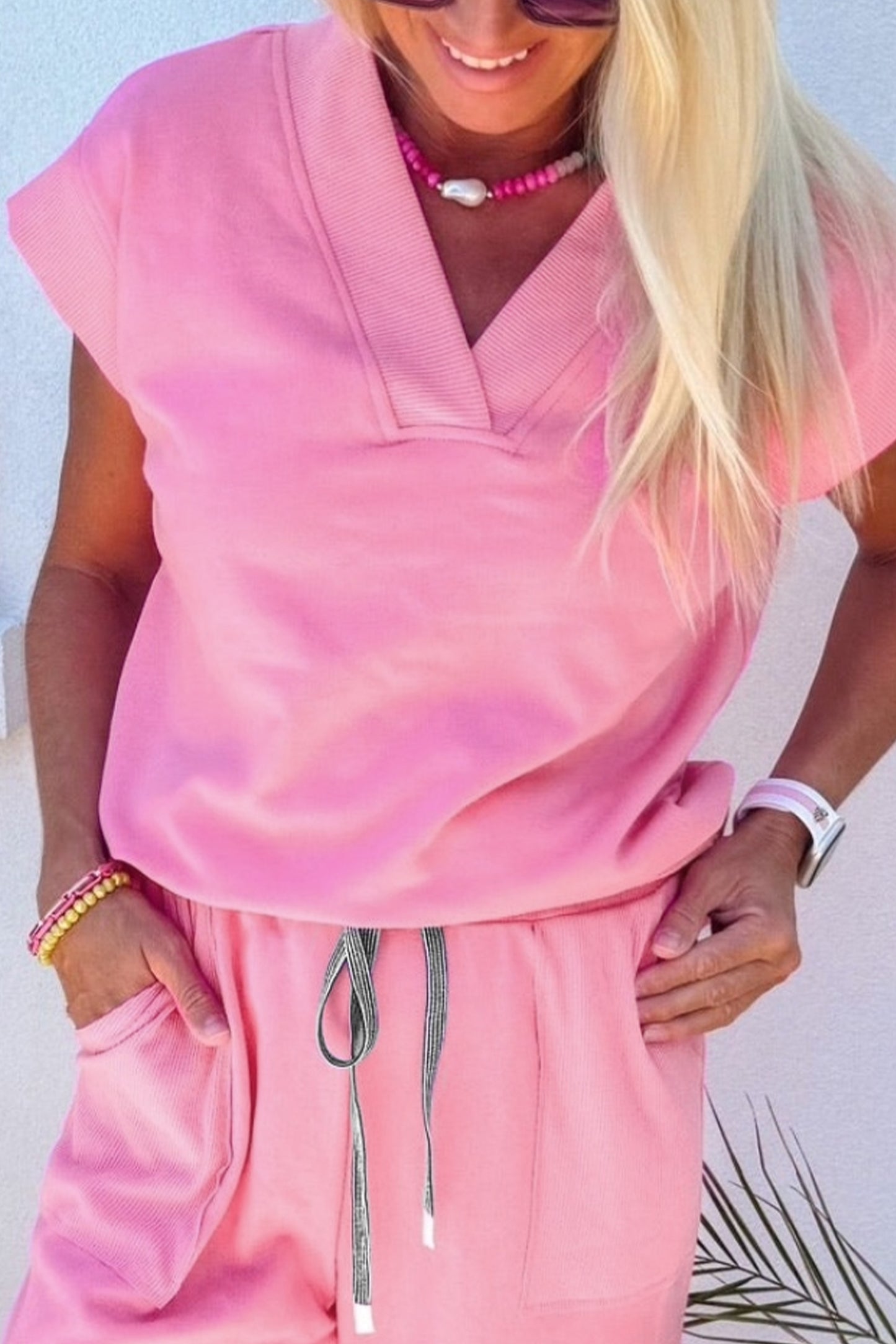 Solid Color V Neck Tee Drawstring Pant Set -3 COLOR OPTIONS