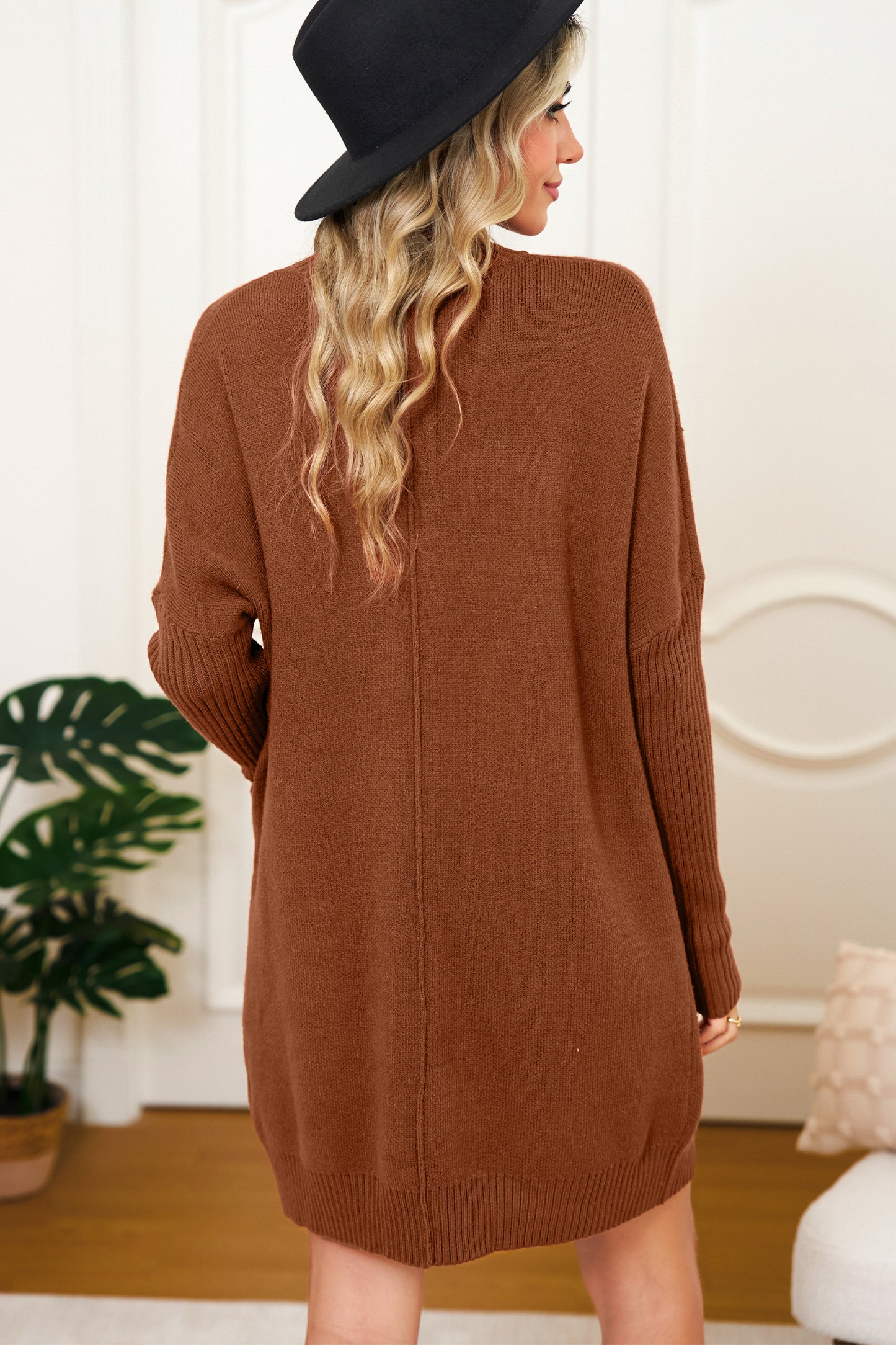 Ribbed High Neck Front Pockets Center Seam Sweater Dress -2 COLOR OPTIONS
