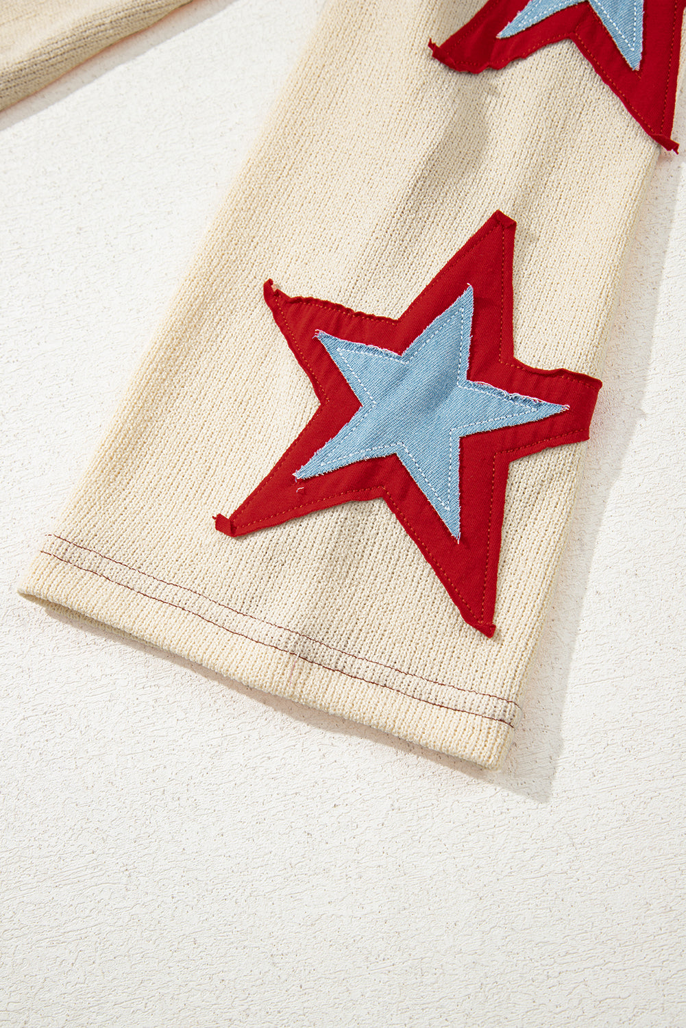 Beige USA Star Patchwork Exposed Seam Long Sleeve Top