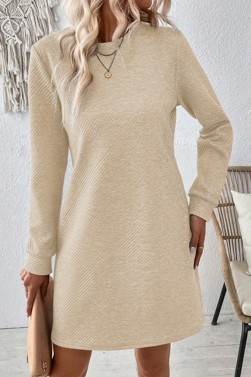 Plain Textured Long Sleeve Shift Short Dress -2 COLOR OPTIONS