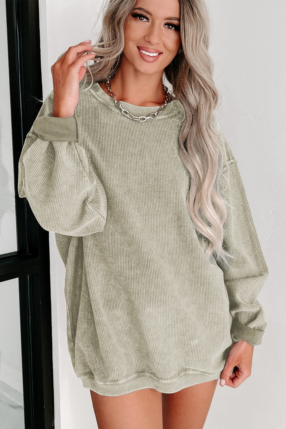 Solid Ribbed Round Neck Pullover Sweatshirt -Variety of Colors