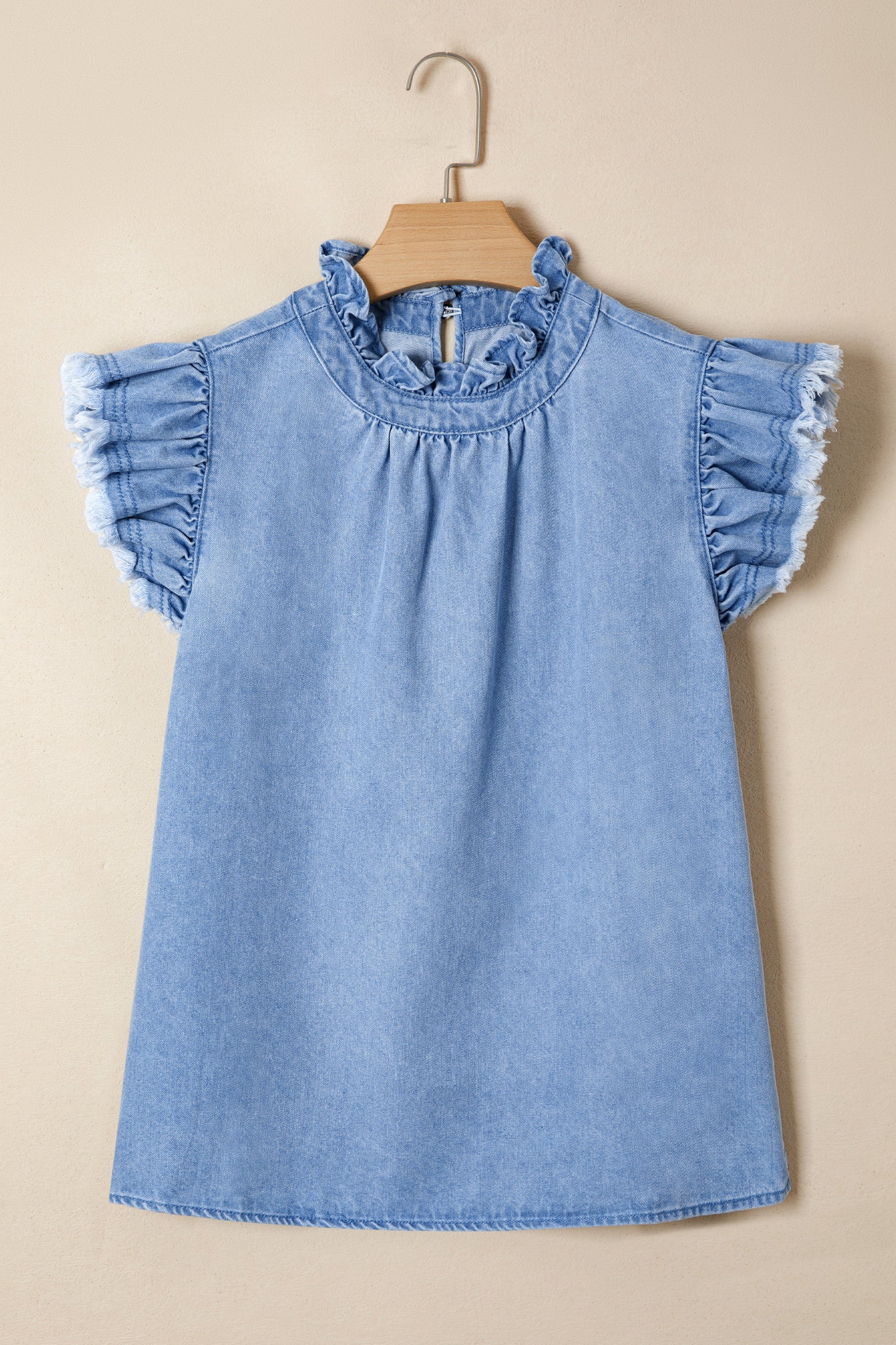 Frilled Collar Flutter Sleeve Denim Top -2 COLOR OPTIONS