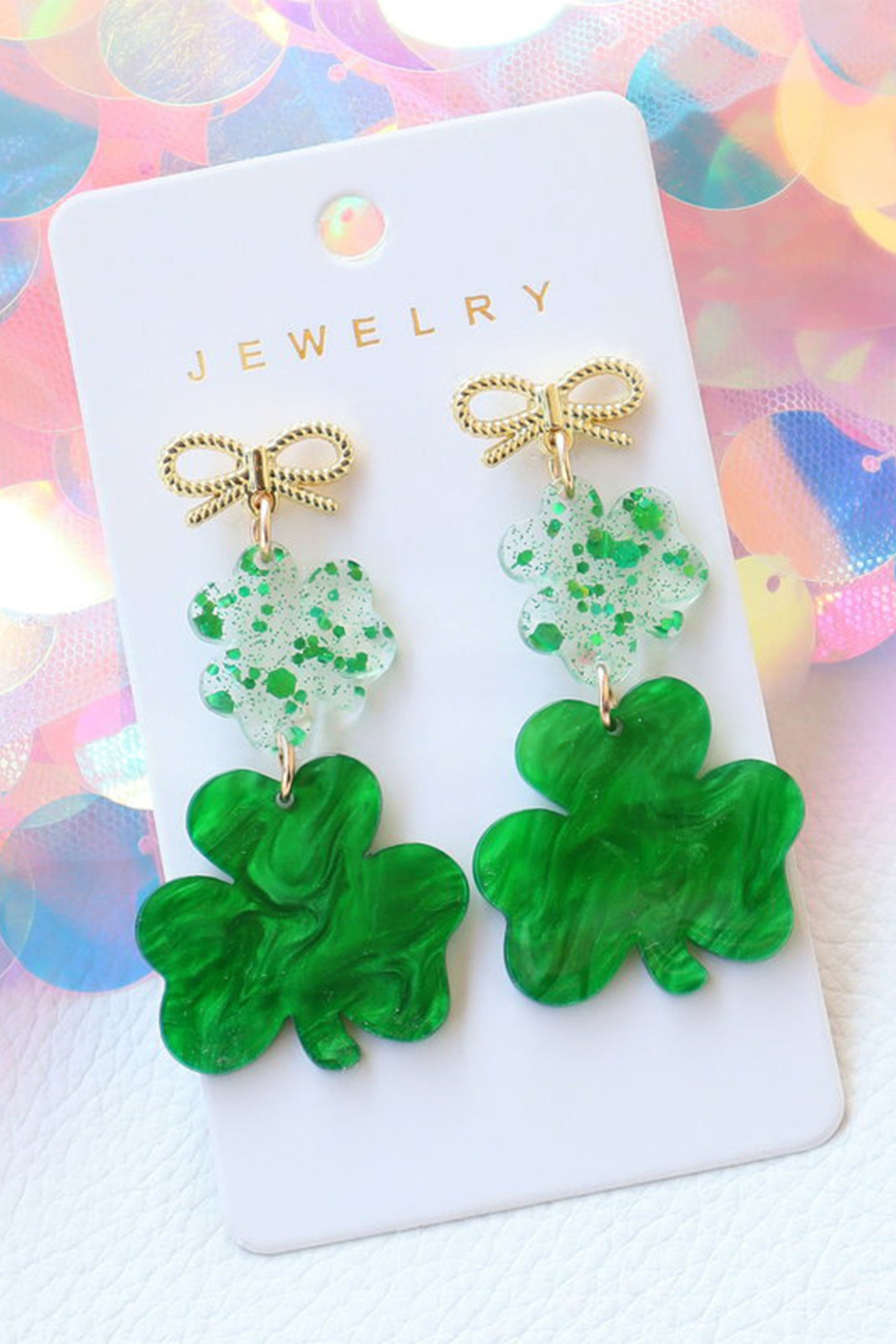 Green Double Clover Dangle Pendant Bow Stud Earrings