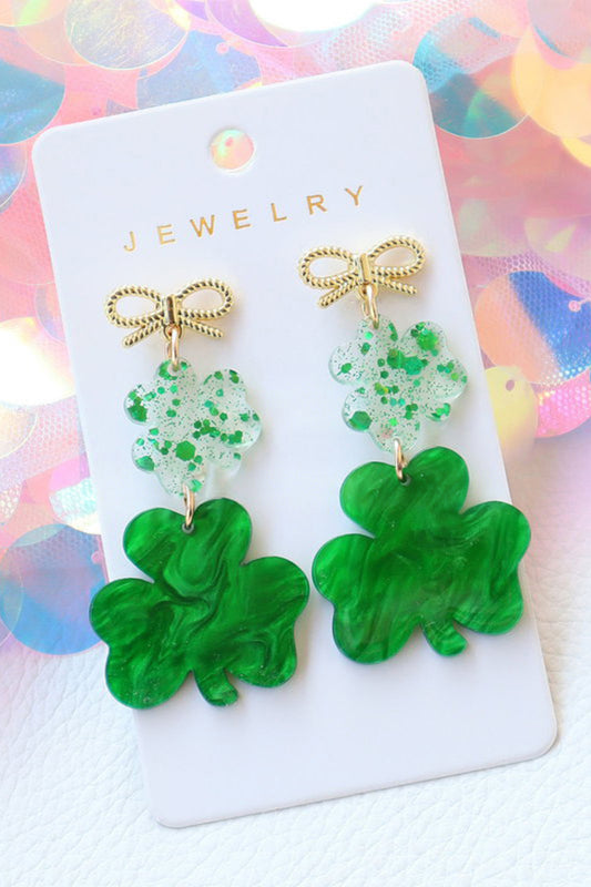 Green Double Clover Dangle Pendant Bow Stud Earrings