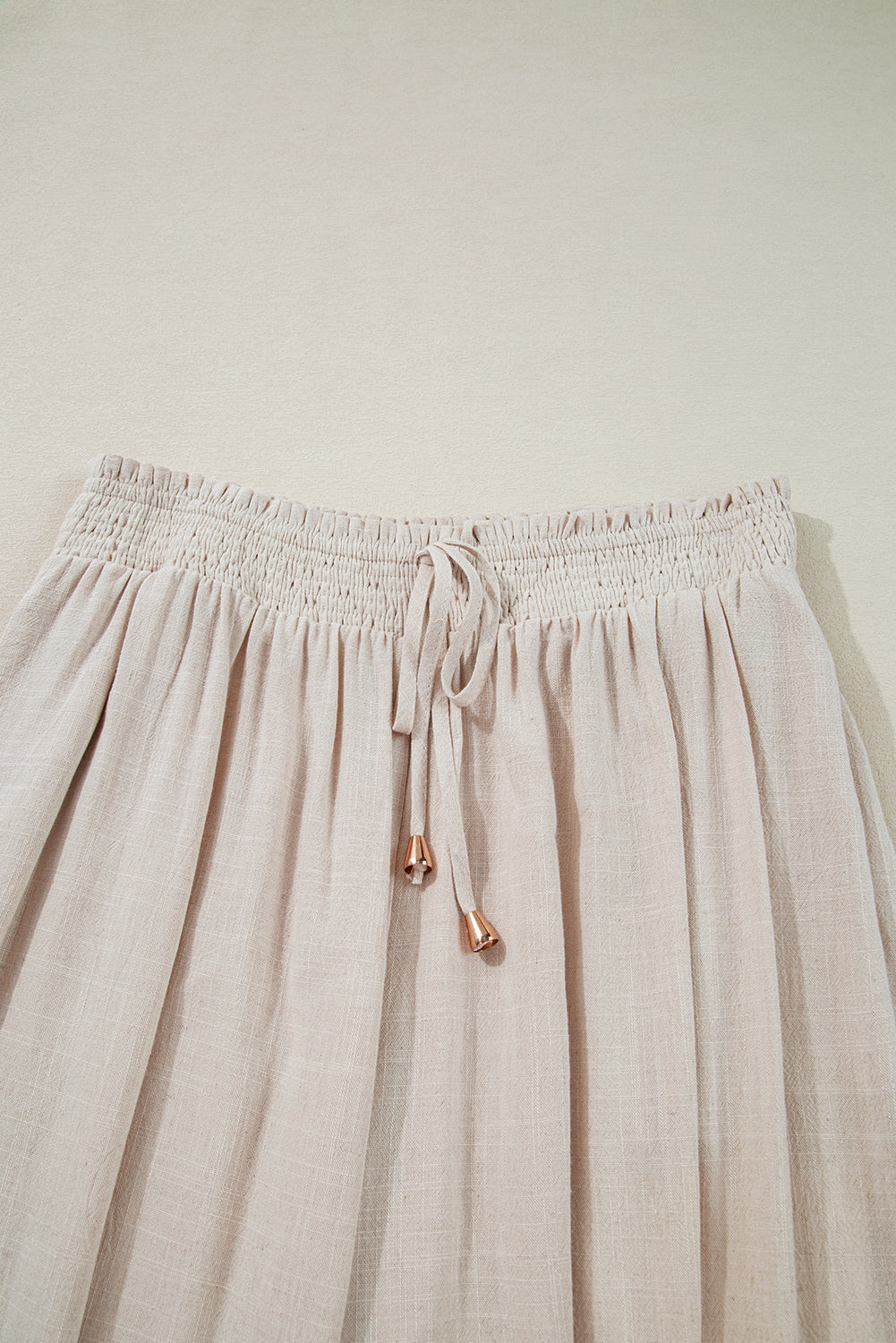 PLUS SIZE -Beige Frill Smocked Waist Wide Leg Plus Size Pants