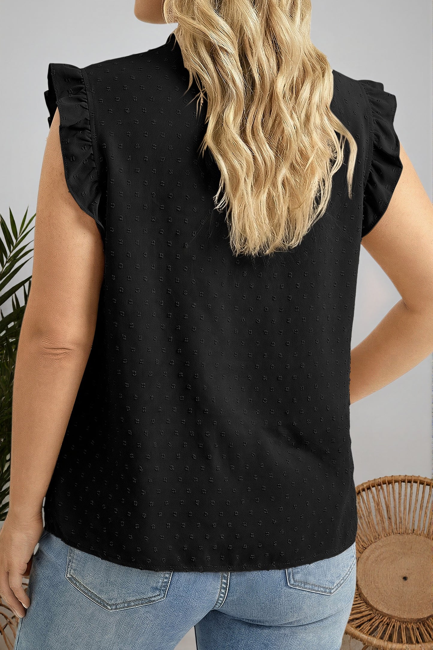 PLUS SIZE -Swiss Dot Ruffle Lace Trim V Neck Tank Top -2 COLOR OPTIONS
