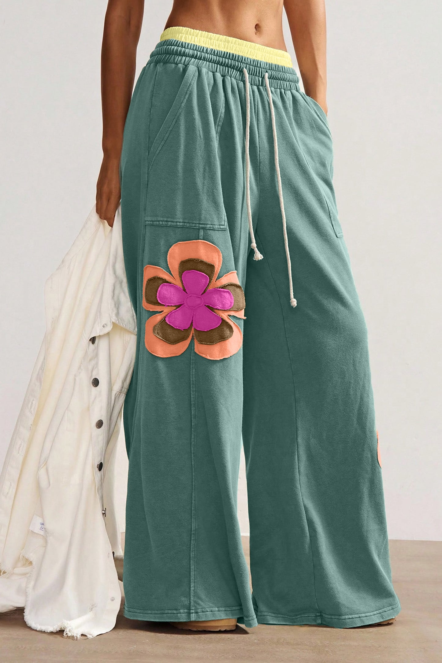 Color Block Flower Patchwork Drawstring Contrasted Elastic Waist Wide Leg Pants - 3 COLOR OPTIONS