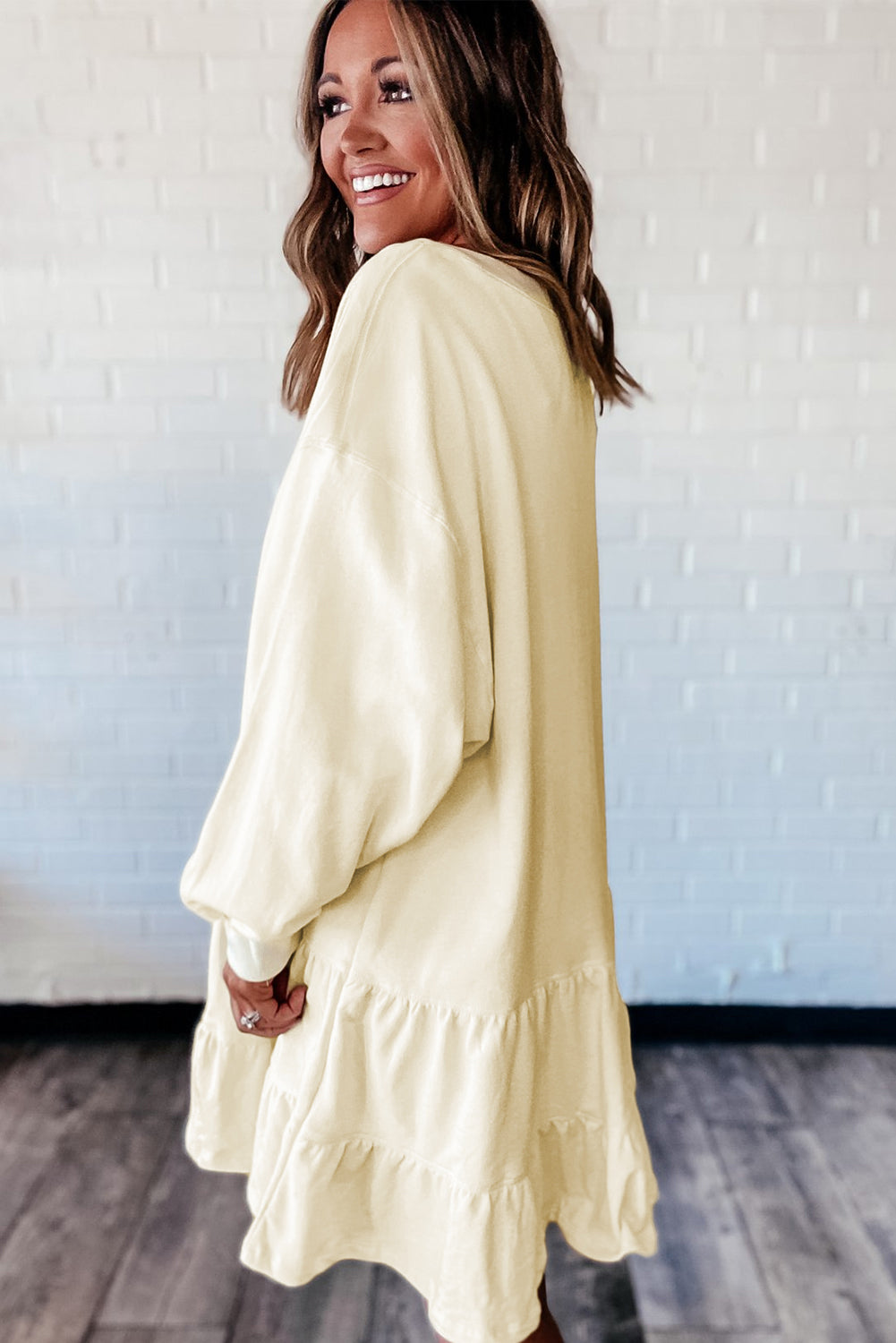 Double Tiered Ruffle Hem Long Sleeve Loose Mini Dress