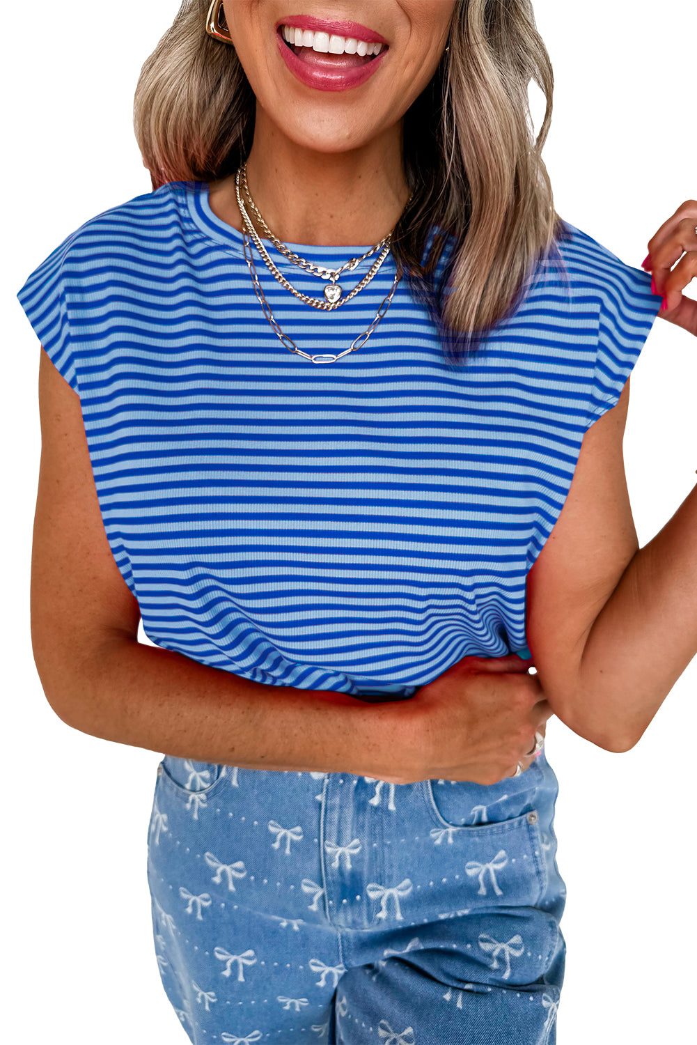 Stripe Ribbed Cap Sleeve Round Neck T Shirt -2 COLOR OPTIONS