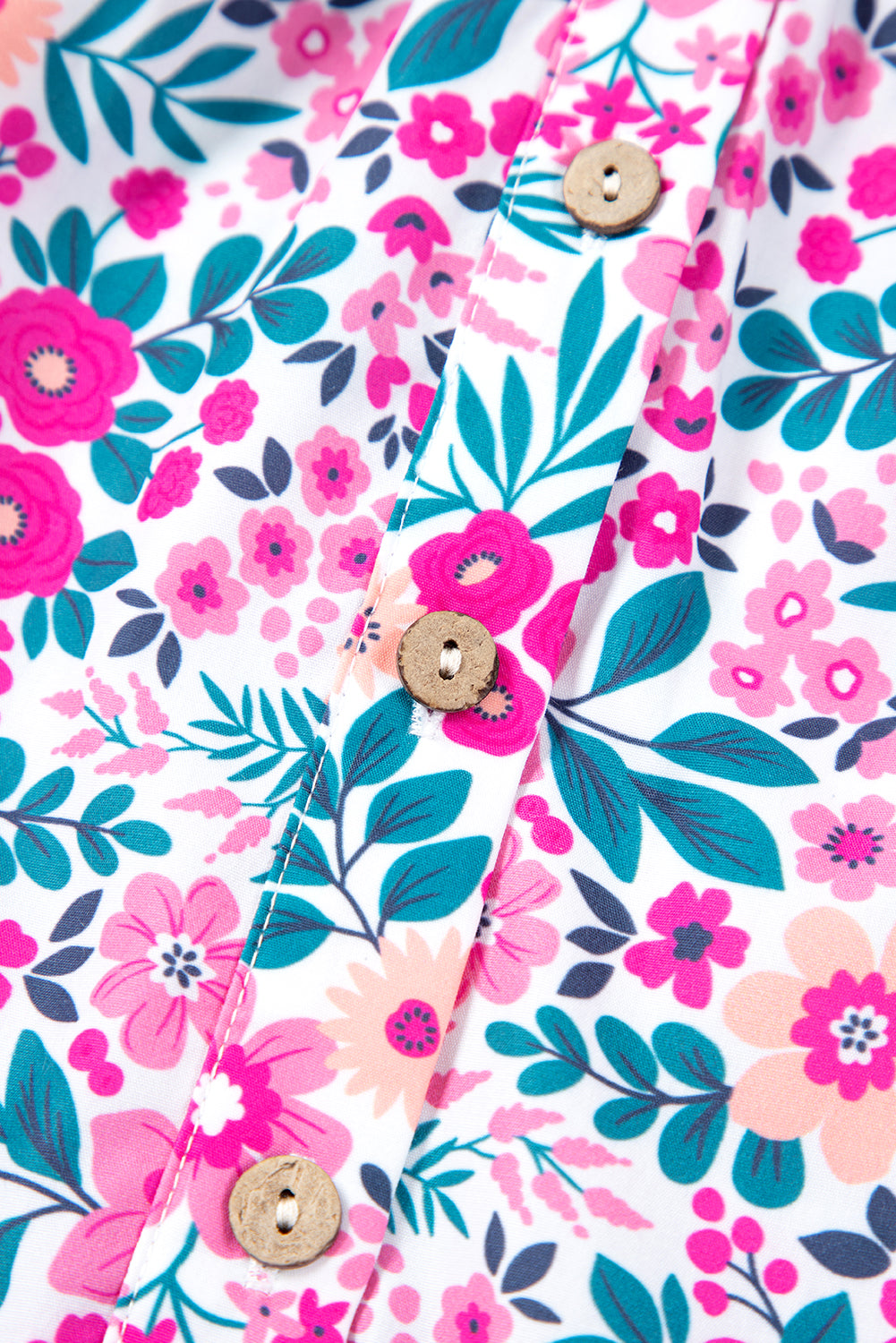 PLUS SIZE- Pink Floral Half Button Puff Sleeve A Line Dress