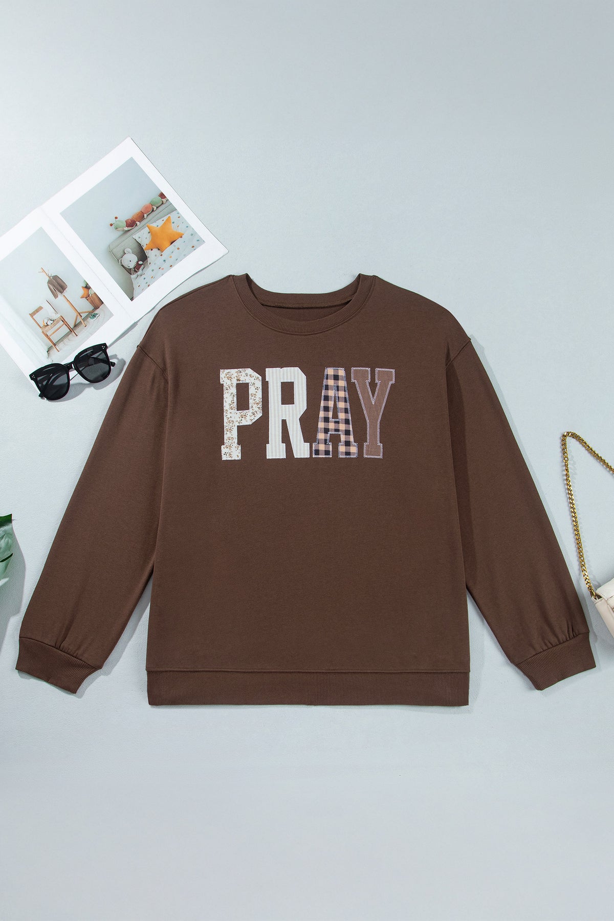 PLUS SIZE -Coffee PRAY Letter Patchwork Round Neck Long Sleeve Plus Size Sweatshirt