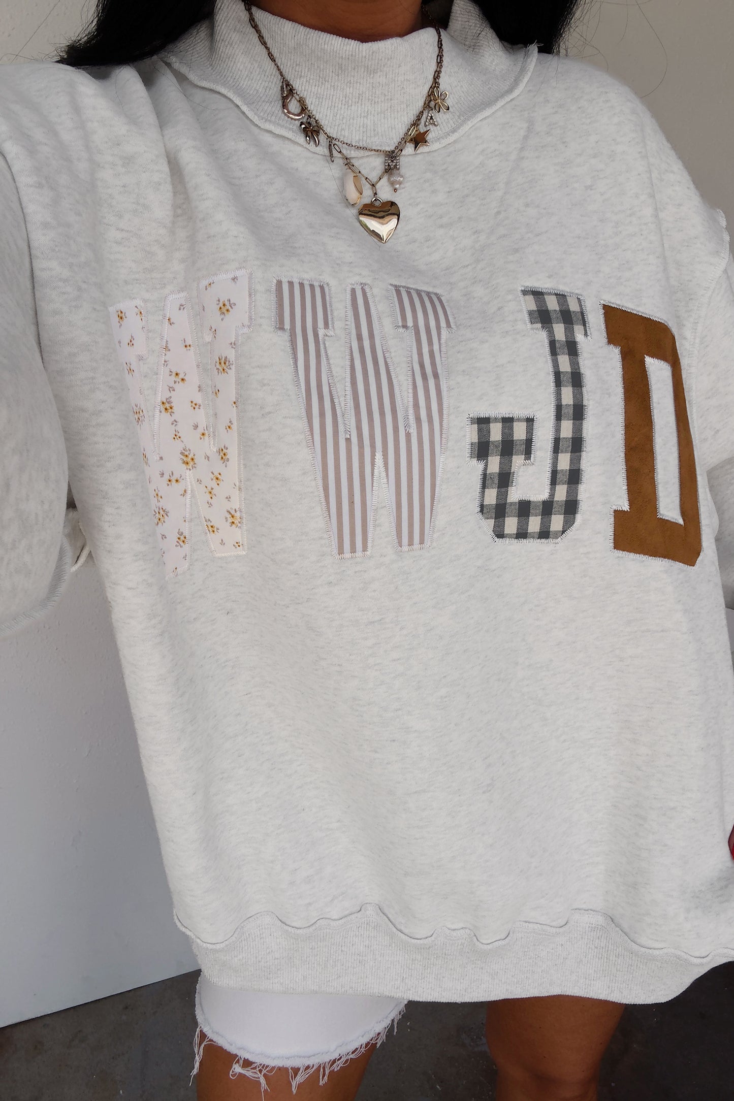 WWJD Mixed Pattern Embroidered Patch Graphic Mock Neck Sweatshirt -3 COLOR OPTIONS