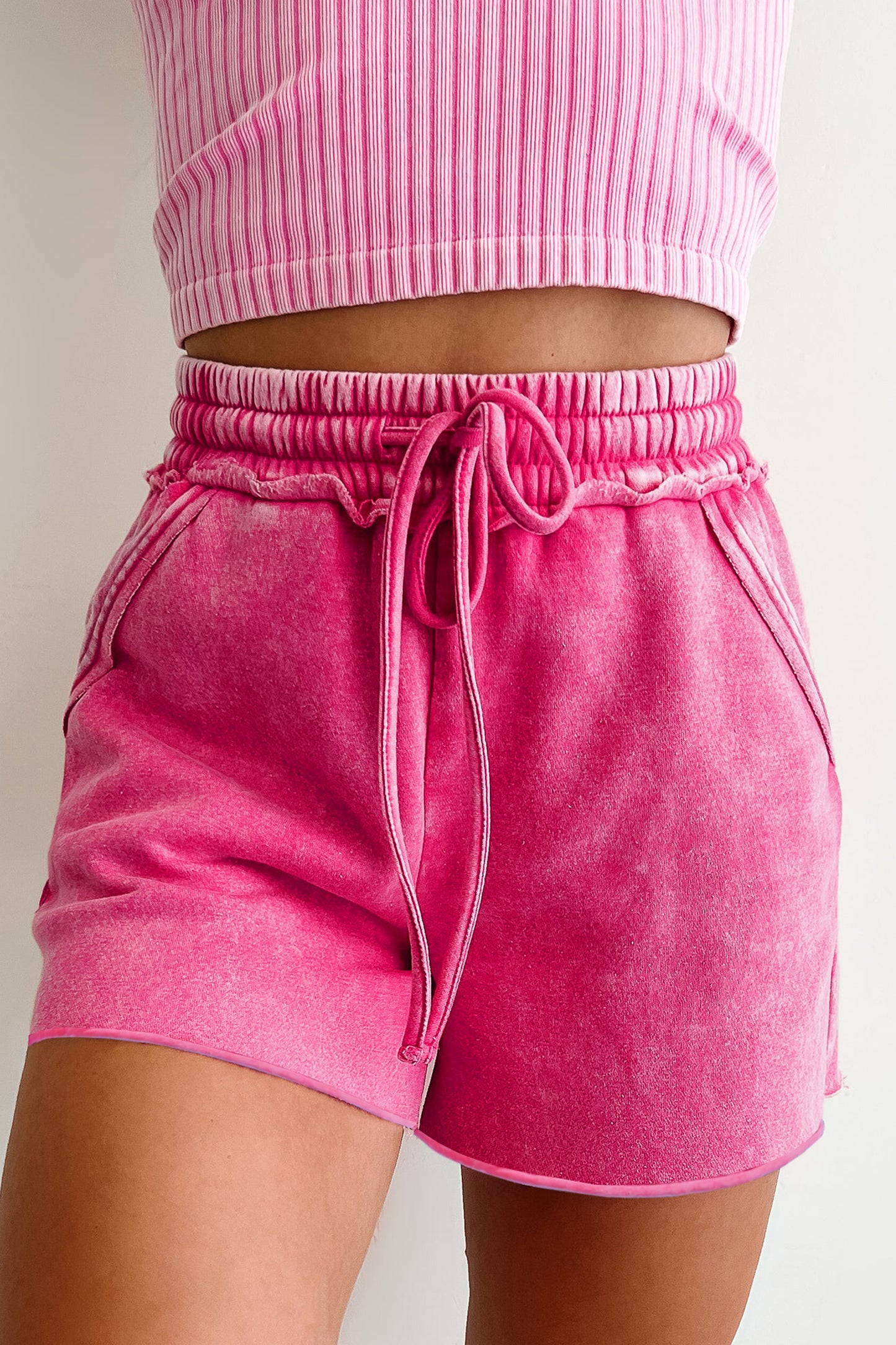 Mineral Washed Drawstring Elastic Waist Raw Cut Shorts- 3 COLOR OPTIONS