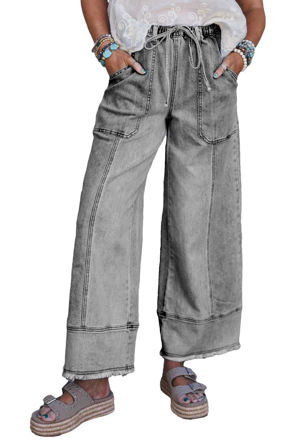Drawstring Seam Detail Raw Hem Wide Leg Jeans -2 COLOR OPTIONS